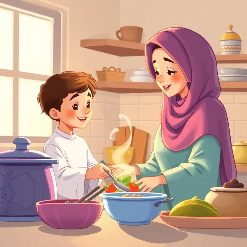 Fares helping his kind mother in the kitchen preparing iftar, warm family scene, love and cooperation vibe, bright kitchen light, high quality