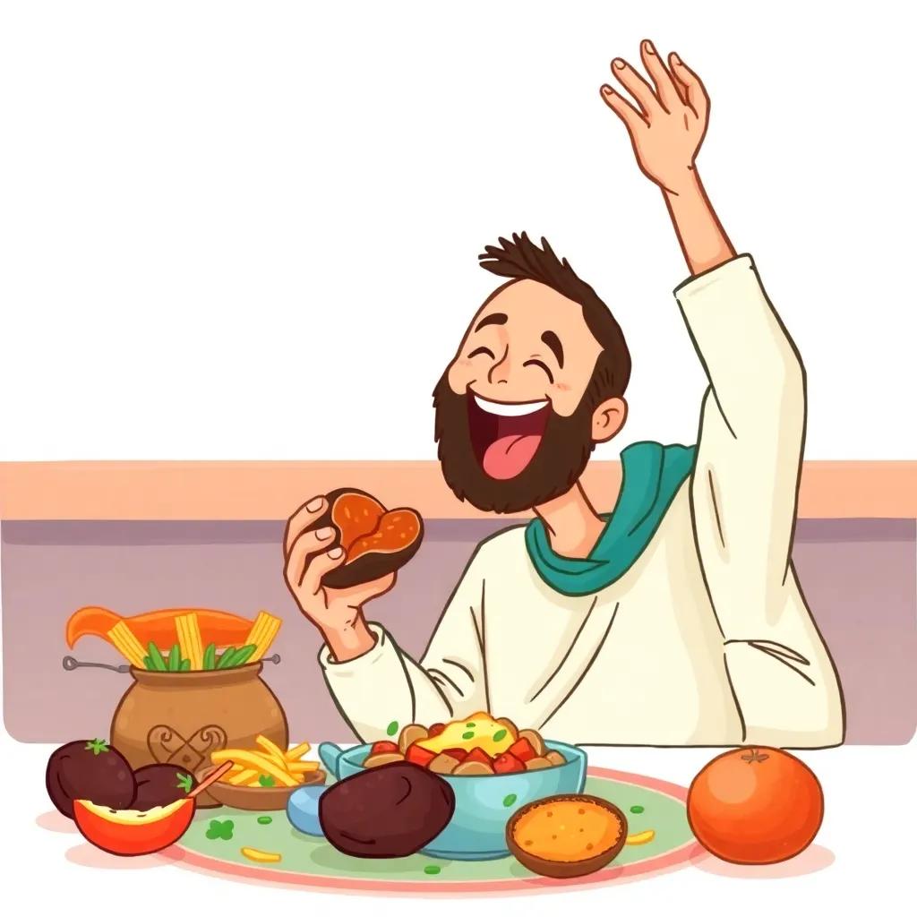 Fares joyfully breaking his fast with a date after prayer, feeling ecstatic and grateful, colorful food and happy vibes, high quality