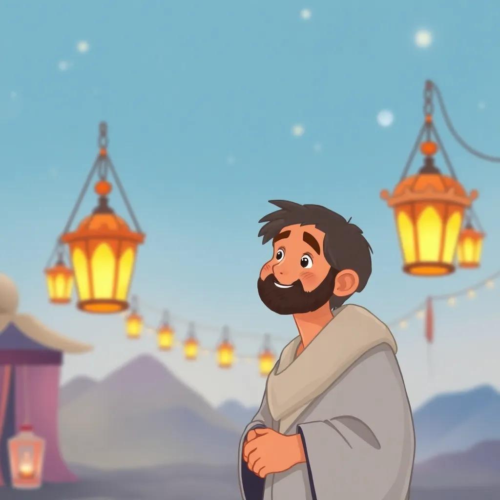 Fares reflecting on his day, looking content, peaceful atmosphere, with lanterns glowing in the background, high quality