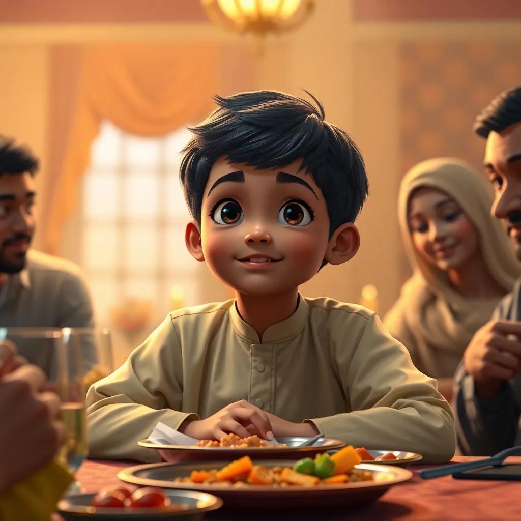 A young Omani boy, Faris, with short black hair, wearing a traditional Omani dishdasha, sitting at a dining table with family, enjoying suhoor food under warm light, digital art, vibrant colors, cozy atmosphere, high quality