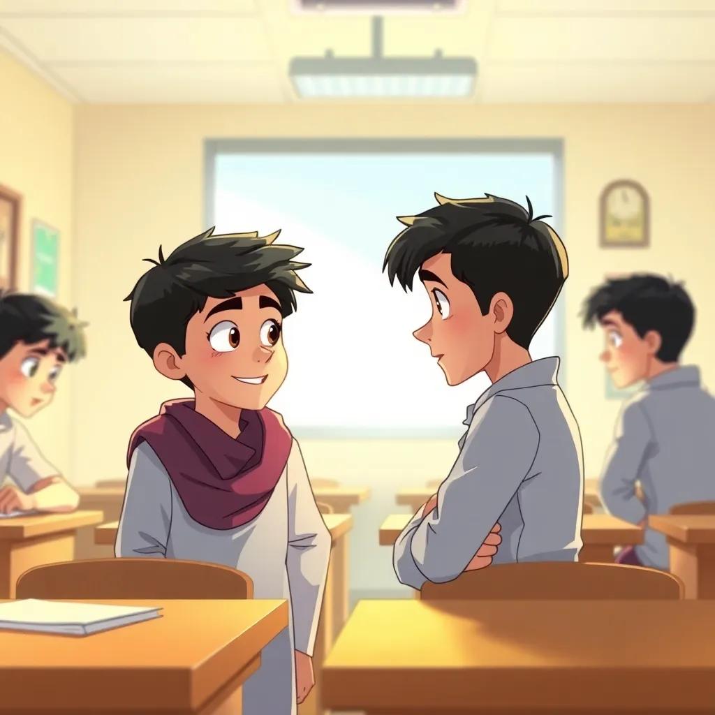 A classroom with young boys, including Faris with short black hair in a dishdasha, looking thirsty, chatting with his friend Yasser, who also wears a dishdasha, bright light, lively background, detailed illustration, engaging atmosphere