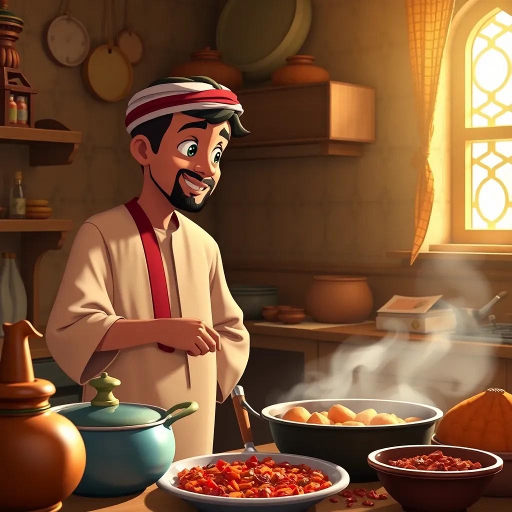 Faris helping his mother in the kitchen, wearing a dishdasha, with delicious Omani food like makbous and jizmi being cooked, fragrant spices filling the air, detailed interior, warm colors, intimate setting, charming artwork