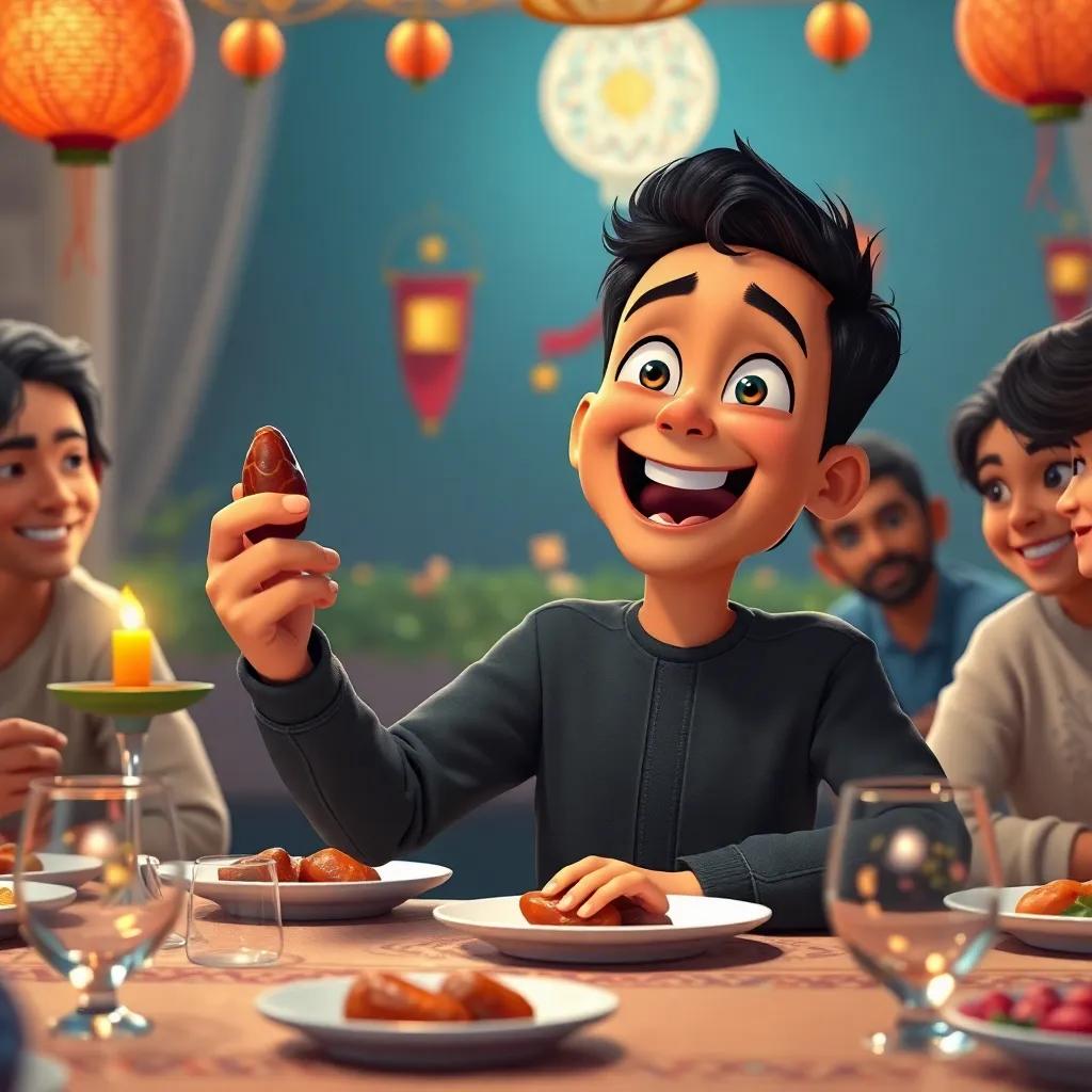 Faris, excited, sitting at the dinner table holding a date, with the sound of the adhan ringing in the background, his family around him, festive decorations, soft light, joyful ambiance, heartwarming scene, high quality