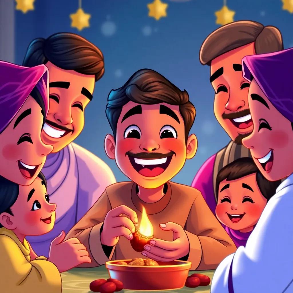 Faris enjoying a date with a big smile, surrounded by family celebrating Ramadan, feeling the joy and blessings of the holy month, rich colors, happy expressions, vibrant illustration, family bond