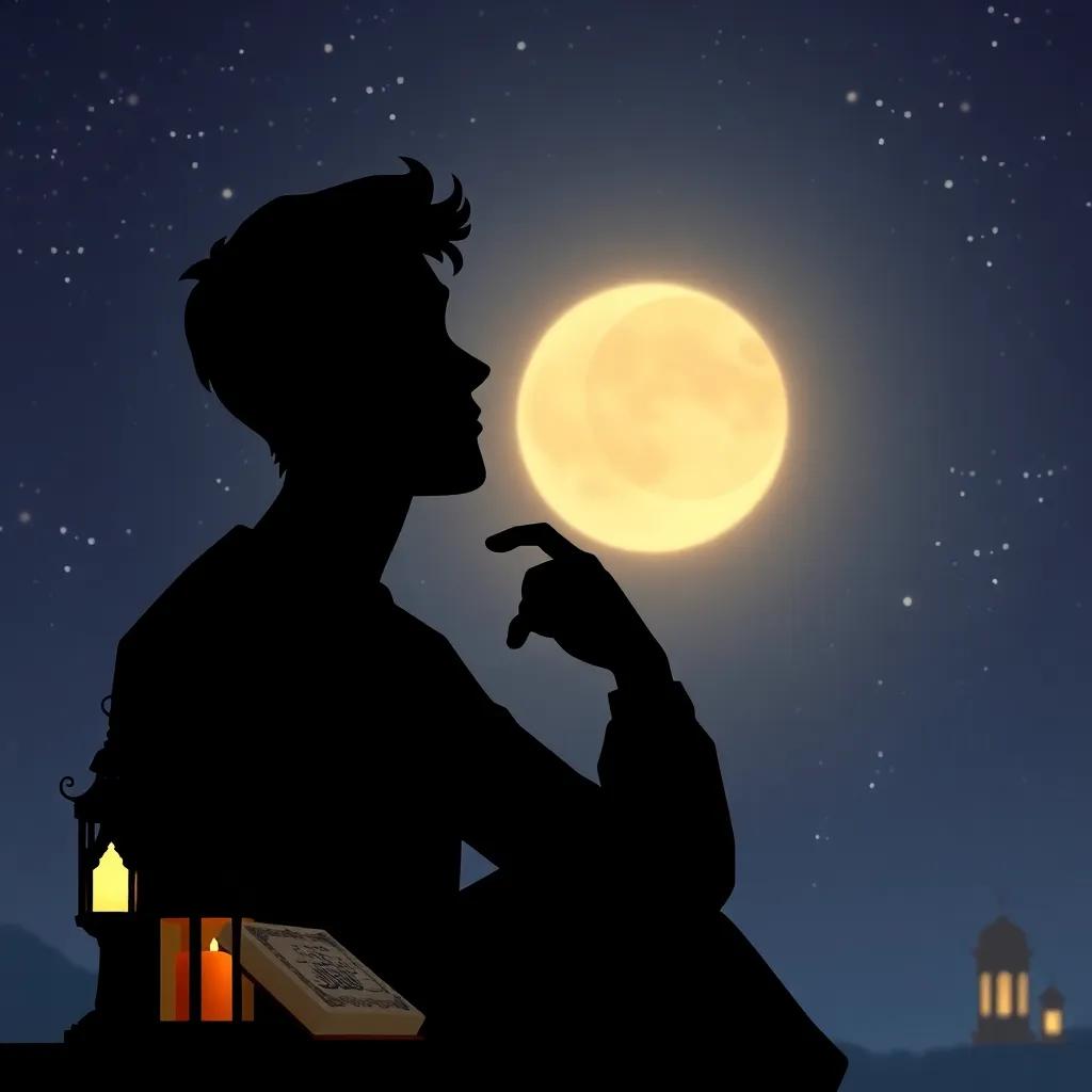 A silhouette of Faris thinking about patience, with symbols of Ramadan around him like a Quran and lanterns, starry night sky, serene atmosphere, thoughtful mood, beautiful digital art