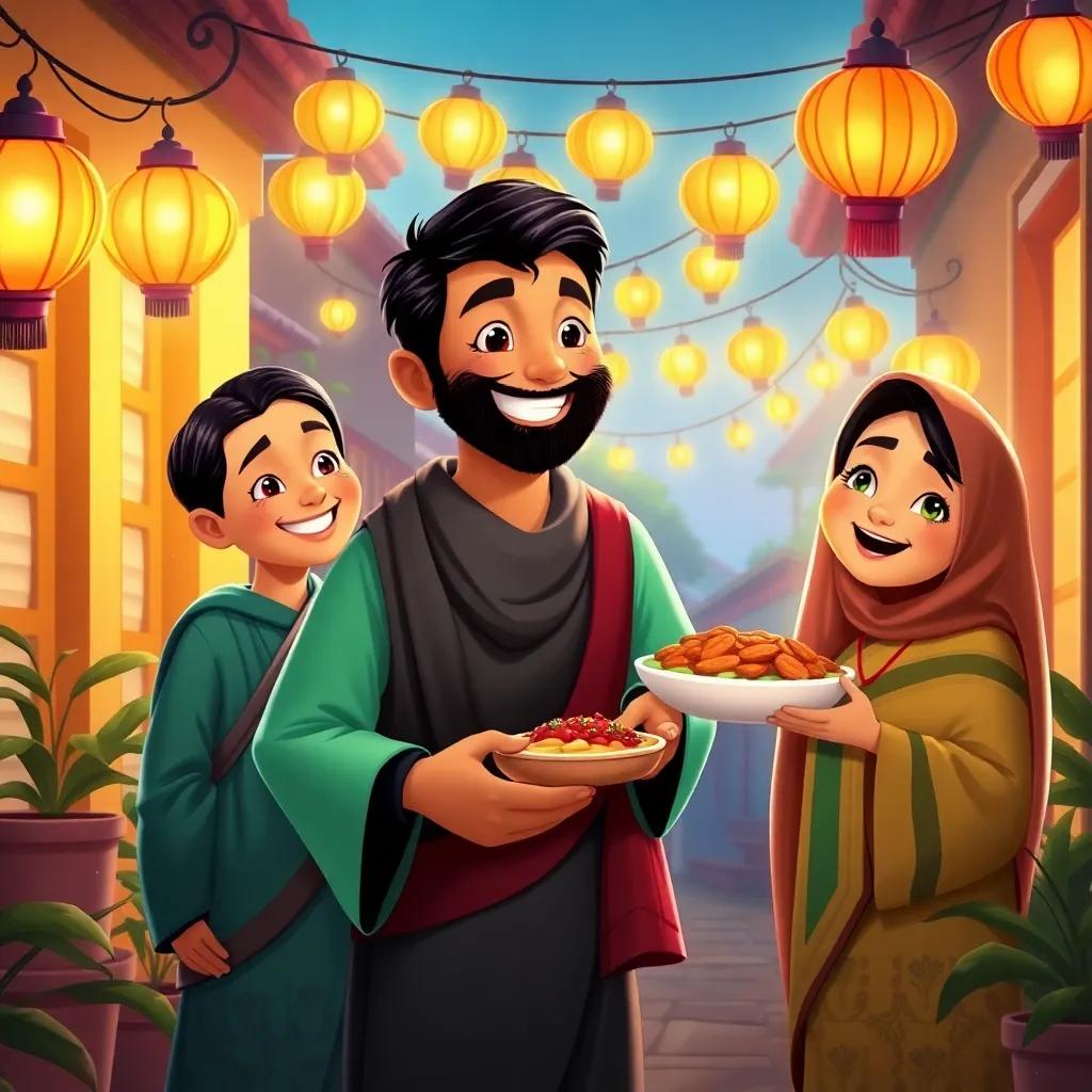 Faris and his family visiting neighbors with food, sharing smiles and kindness, wearing traditional clothes, bright lights from lanterns setting a festive tone, happy heartwarming scene