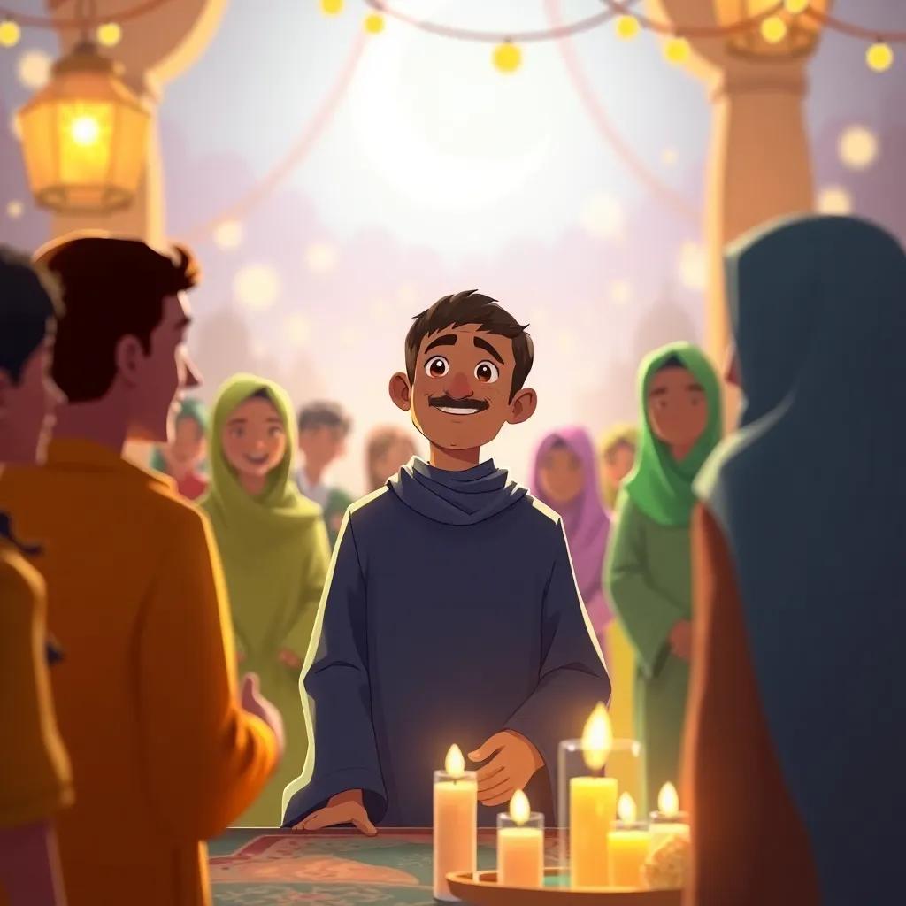 Faris understanding the essence of Ramadan: patience, giving, and helping others, surrounded by happy people celebrating, warm light, colorful backdrop, engaging illustration
