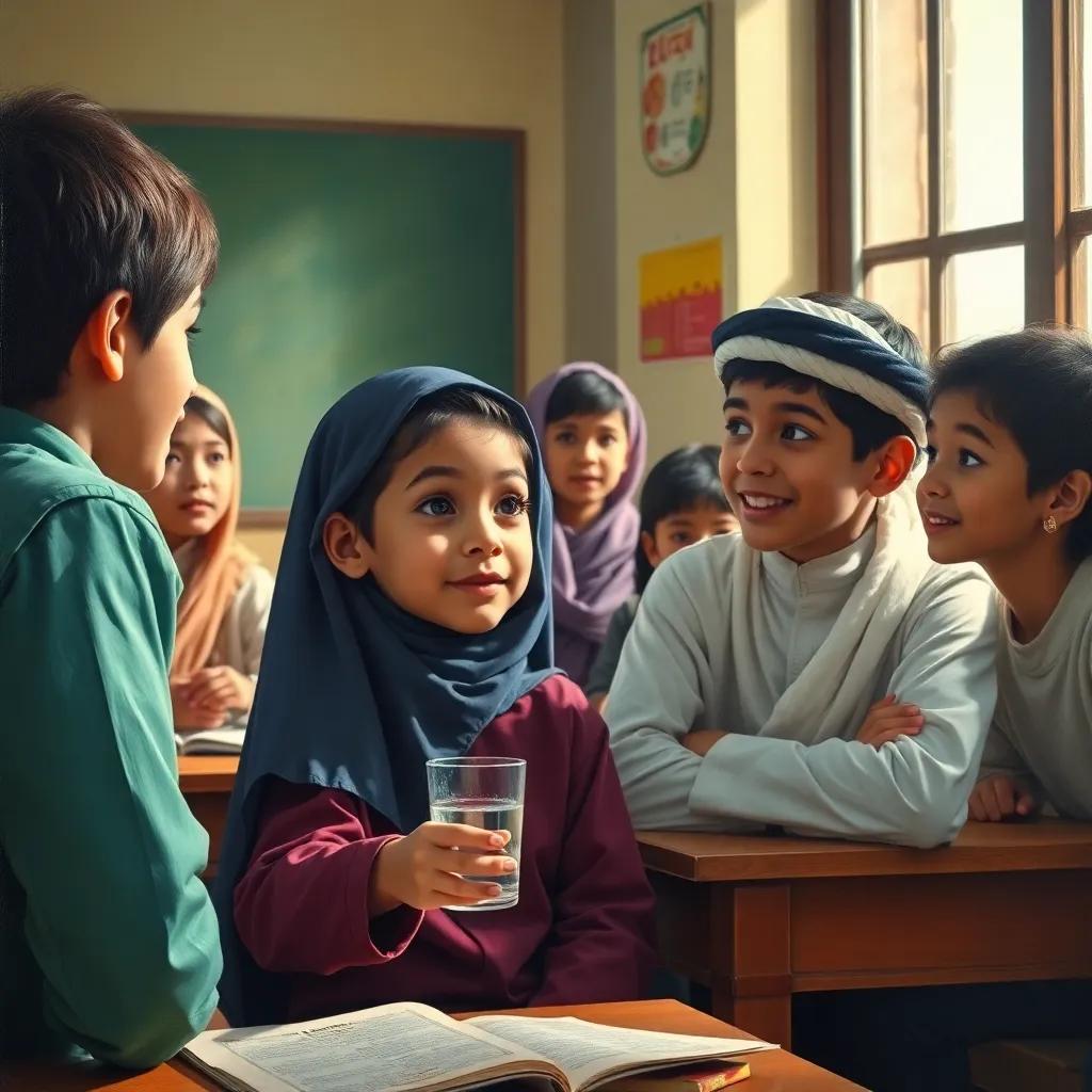 A classroom scene with فارس looking thirsty, surrounded by classmates, while ياسر, a young Omani boy, gives him advice, cheerful expressions, natural light, vibrant colors