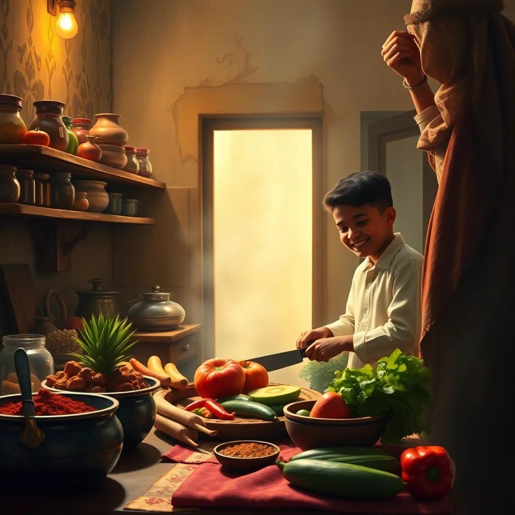 An Omani kitchen filled with spices and vegetables, فارس helping his mother prepare dinner, smiling while chopping vegetables, inviting atmosphere, warm light