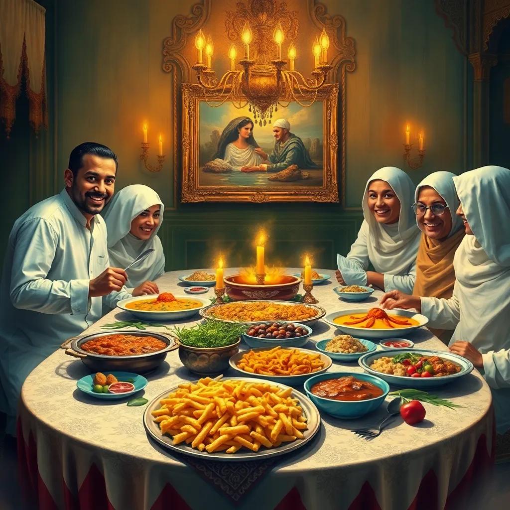 A table filled with Omani dishes like مكبوس and جيمات, colors and aromas bursting from the food, happy family gathering around, festive lighting