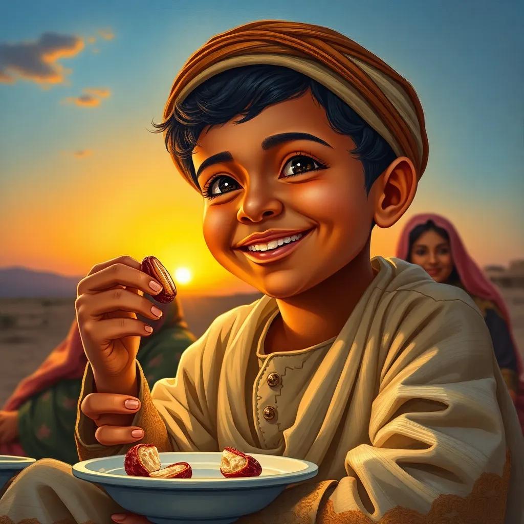 A young Omani boy, فارس, with a joyful expression, breaking his fast with a date at sunset, the evening sky glowing, family sitting around him, heartwarming scene