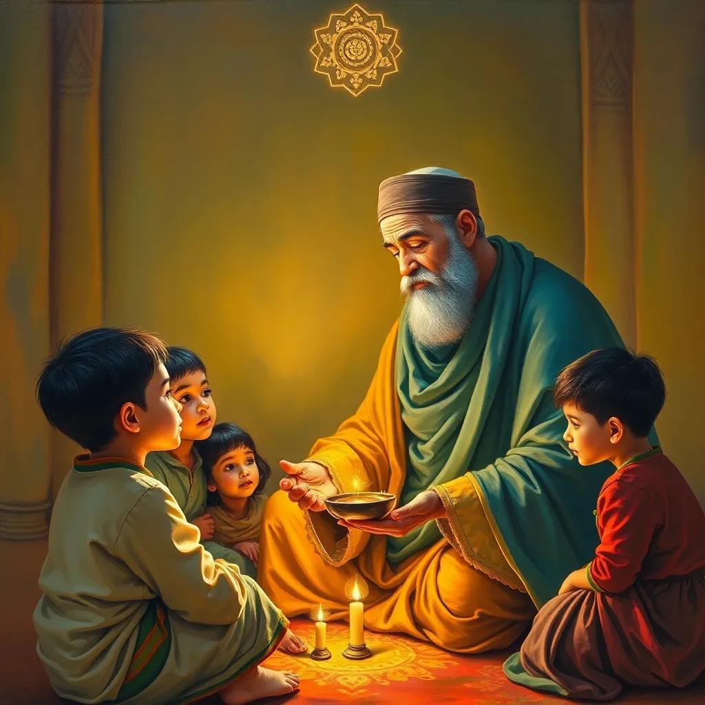 The boy's father telling a moral lesson about Ramadan and patience, family listening attentively, bright colors, warm interaction