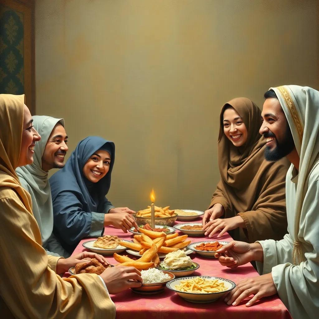 The family sharing food with others, showing the spirit of giving during Ramadan, smiles and laughter, joyful atmosphere