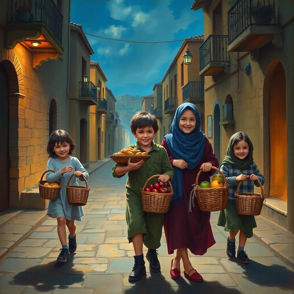 Children including فارس and his sister joyfully carrying food baskets to their neighbors, feeling of community, colorful streets of صور at night