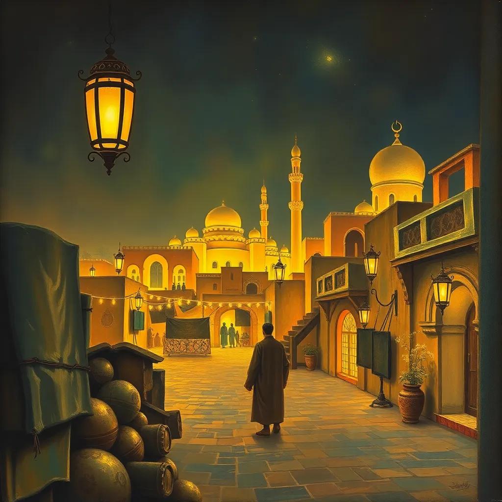 The city ofصور at night illuminated by lanterns and the aroma of Omani food, bringing a sense of peace and happiness, enchanting landscape
