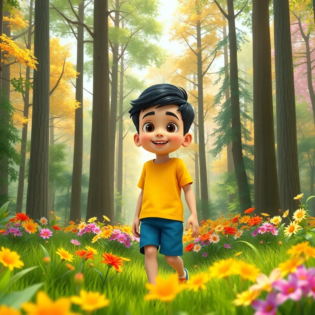 A young Arab boy, Ziad, with short black hair, wearing a yellow t-shirt and blue shorts, exploring a colorful forest filled with tall trees and vibrant flowers, sunny day, digital art, cheerful atmosphere, high quality