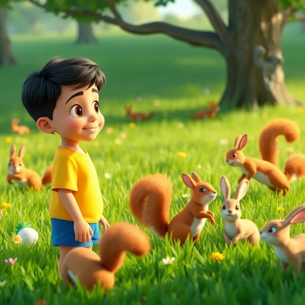 Ziad, a young Arab boy with short black hair wearing a yellow t-shirt and blue shorts, watching playful squirrels and hopping rabbits in a lush green meadow, animated style, bright colors, whimsical feel, high quality