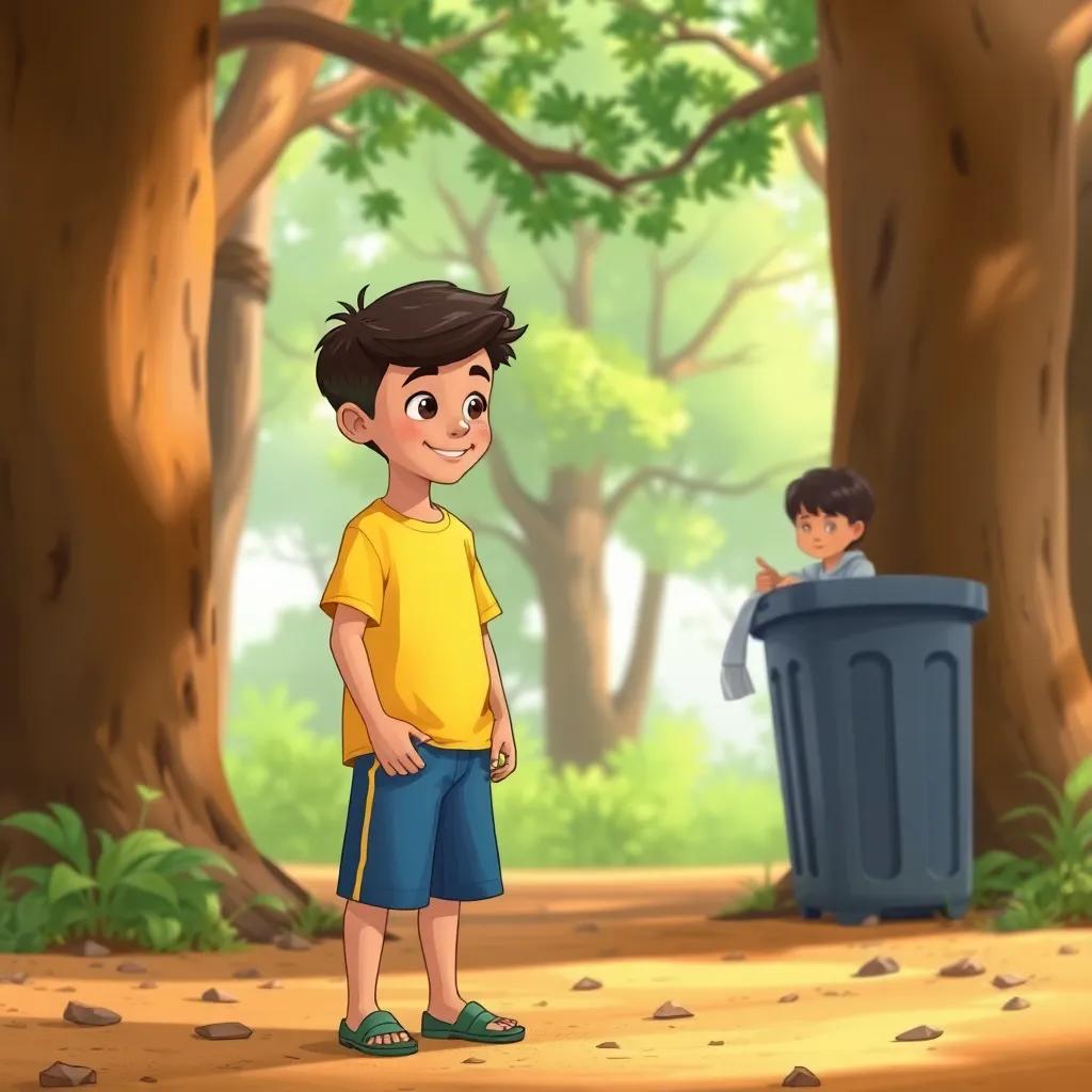 A young Arab boy, Ziad, with short black hair, wearing a yellow t-shirt and blue shorts, seeing another boy collecting trash in a wooded area, tree background, friendly atmosphere, illustrative style, vibrant colors, high quality