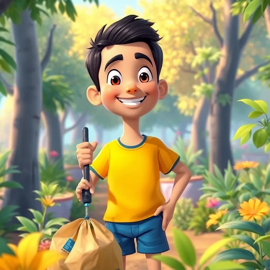 Ziad, a young Arab boy with short black hair, wearing a yellow t-shirt and blue shorts, picking up litter with a proud smile on his face amidst trees and plants, interactive environment, digital art, colorful and lively, high quality
