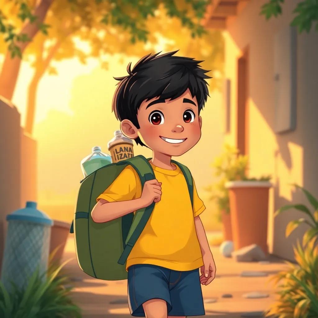 Ziad, a young Arab boy with short black hair, wearing a yellow t-shirt and blue shorts, returning home with a backpack full of trash, smiling as he tells his friends about protecting nature, heartwarming scene, warm light, storytelling vibe, high quality