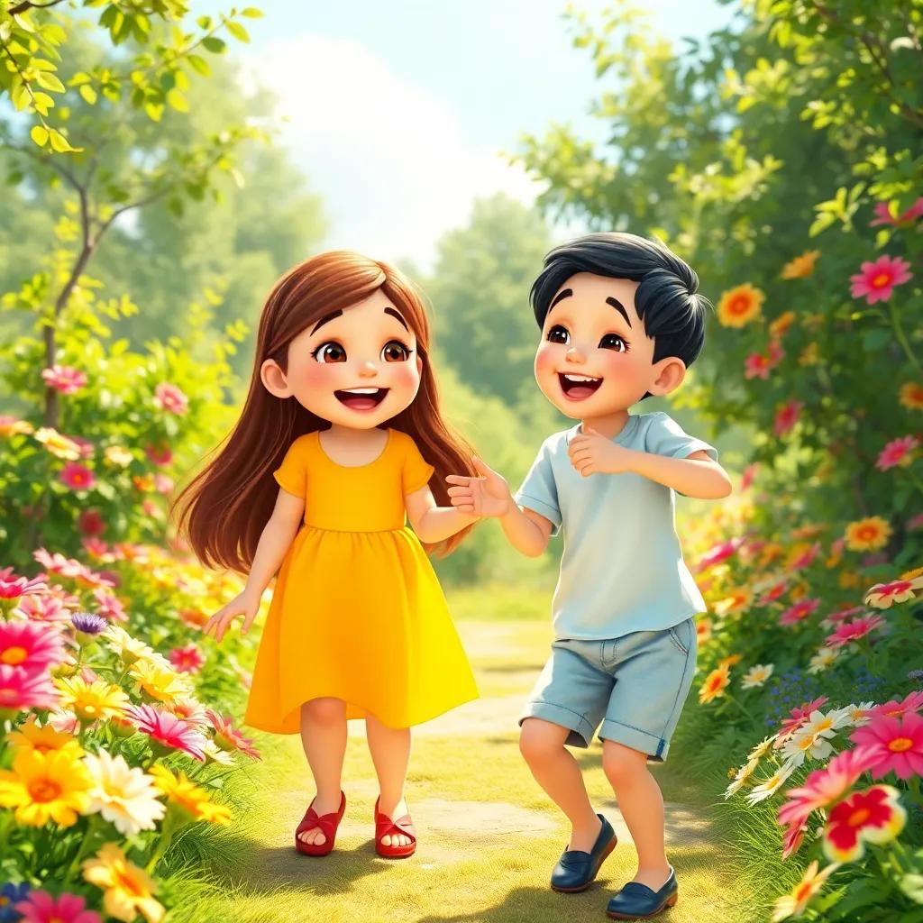 A warm sunny garden in the afternoon with two young girls, Shifa and Talin, playing happily. Shifa, a curious 8-year-old girl with long brown hair, wearing a bright yellow dress, and Talin, a playful 7-year-old girl with short dark hair, wearing a light blue shirt and shorts, are laughing together, surrounded by colorful flowers, digital art, cheerful atmosphere, vibrant colors, high quality