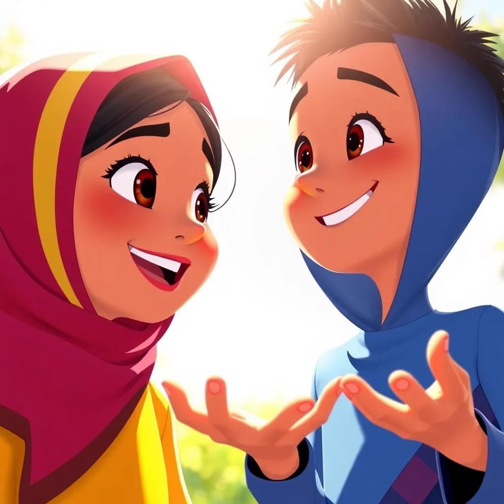 A close-up of Shifa and Talin, with Shifa explaining to Talin about shadows, showing gestures with their hands. Shifa looks excited and curious, while Talin looks fascinated. They have smiling faces, bright sunlight behind them illuminating their joyful expressions, illustration, engaging and colorful scene, bright and inviting, high quality.