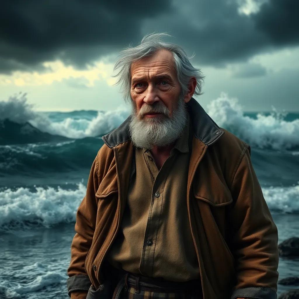 An old fisherman, Elias Carter, with rugged clothes and a weathered face, standing on the shore during a fierce storm, waves crashing around him, dark clouds above, digital art, dramatic lighting, intense colors, high quality