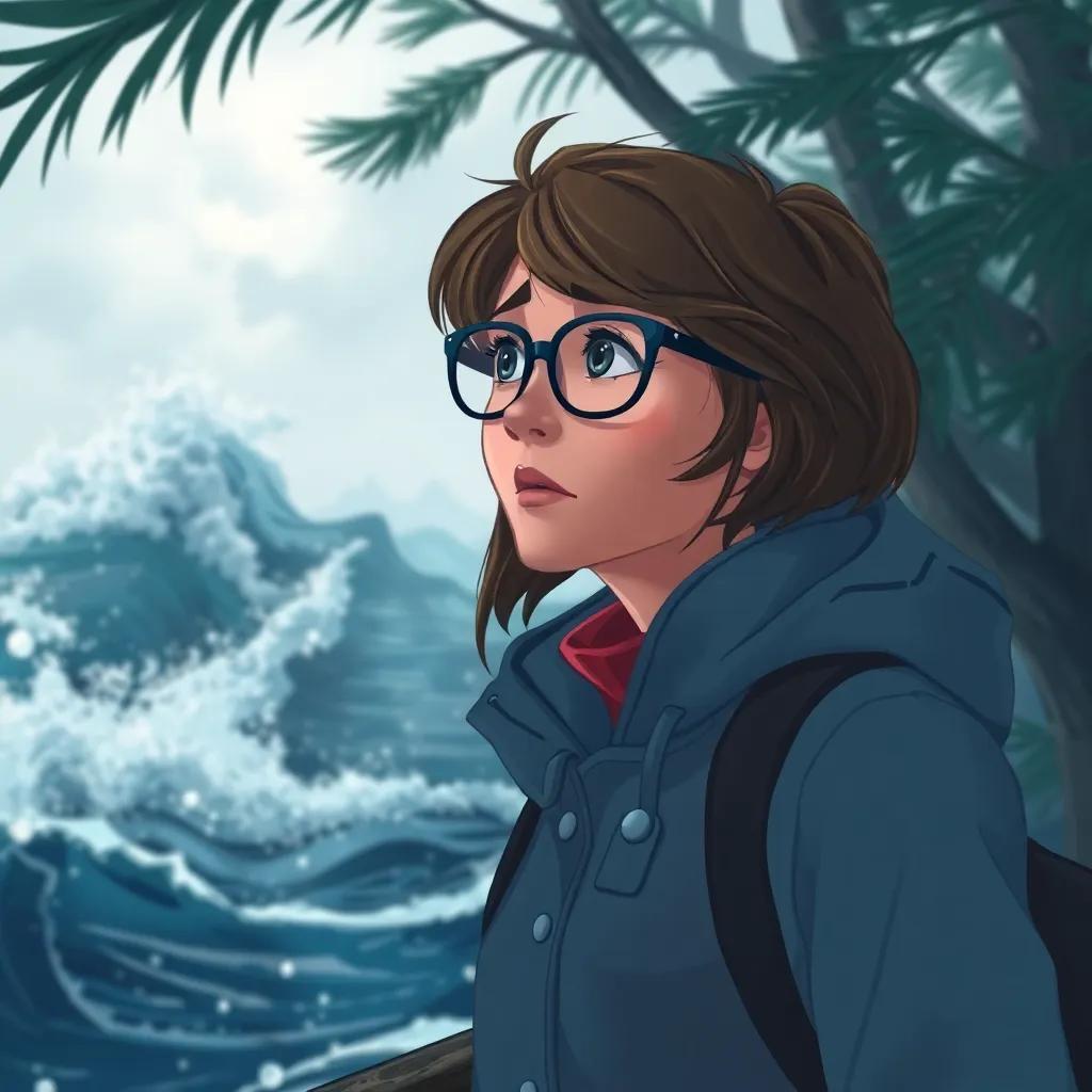 A marine biologist, Dr. Naomi Foss, with a raincoat and glasses, looking concerned as she observes the tumultuous ocean, surrounded by swaying trees, stormy atmosphere, illustration, vibrant details, emotional expression, high quality