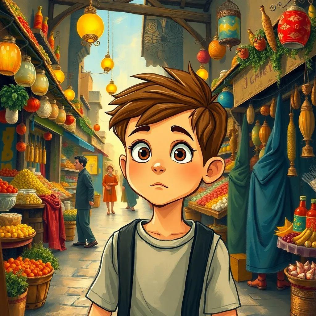 Alexios, the young boy with curious eyes, walking through an ancient market filled with vibrant wares and mysterious people, colorful stalls, a sense of wonder in the air, illustration, lively, child-friendly