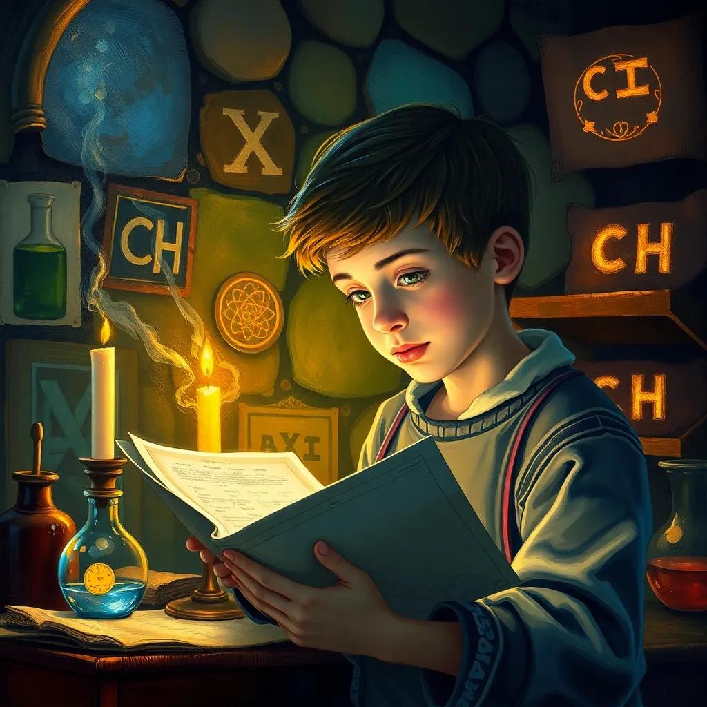 A young boy, Alexios, reading ancient scrolls under candlelight in a dimly lit room, surrounded by symbols of chemistry, glowing letters, a lively exploration scene, digital painting, vibrant details, inviting