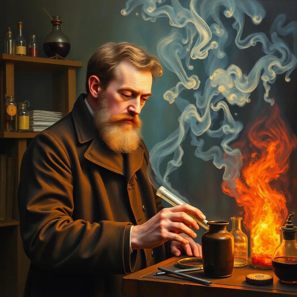 A German scientist, Rudolf Clausius, in a Victorian-era laboratory, intensely focused on energy experiments with burning materials, swirling smoke, detailed, realistic, scientific