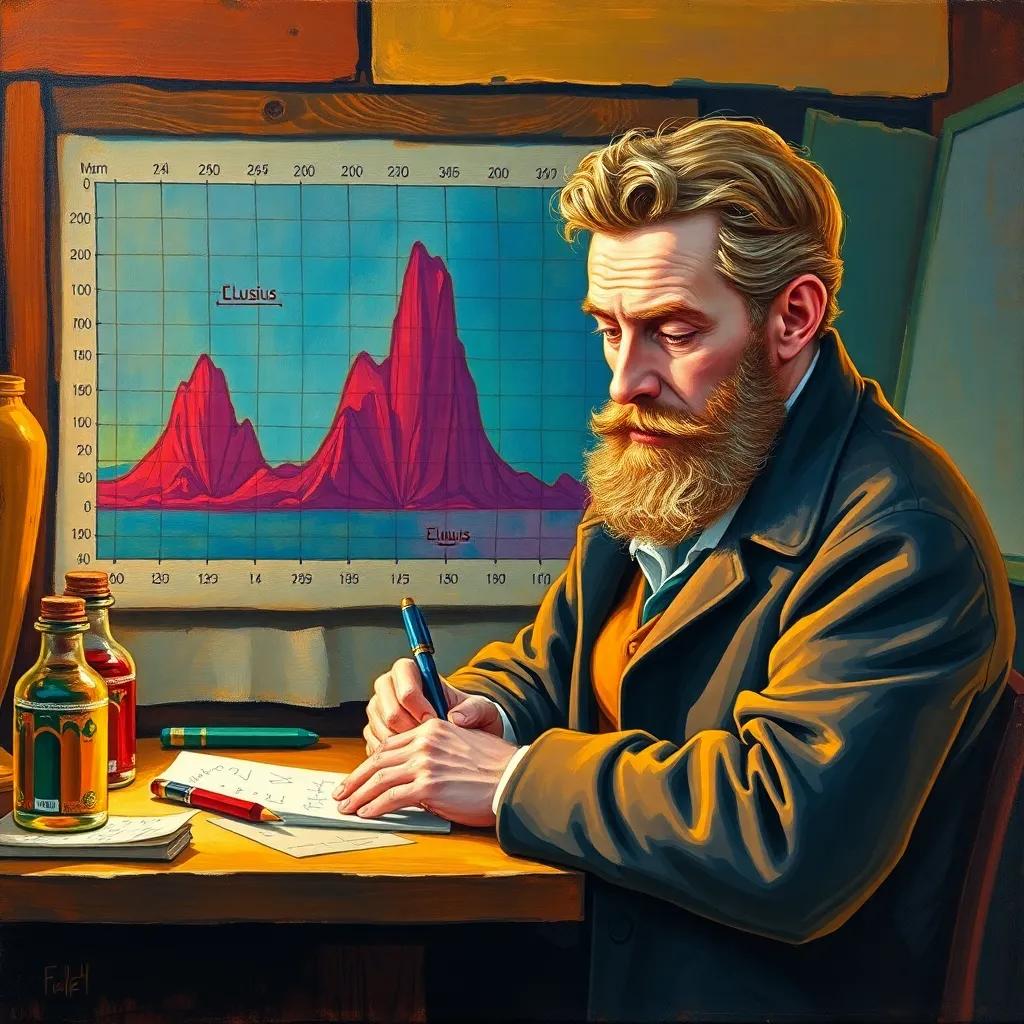 An insightful moment showing Clausius deep in thought, jotting down equations, with an energy chart in the background, bright colors, portraying concentration and discovery, illustration, warm light
