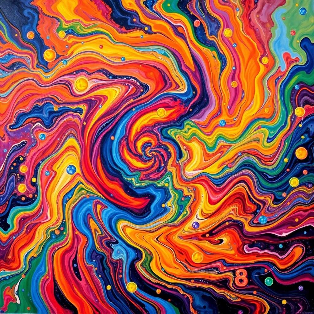 A colorful depiction of the concept of entropy visualized as swirling chaos but balanced by a structured pattern, representing scientific discovery, vibrant colors, fantasy art