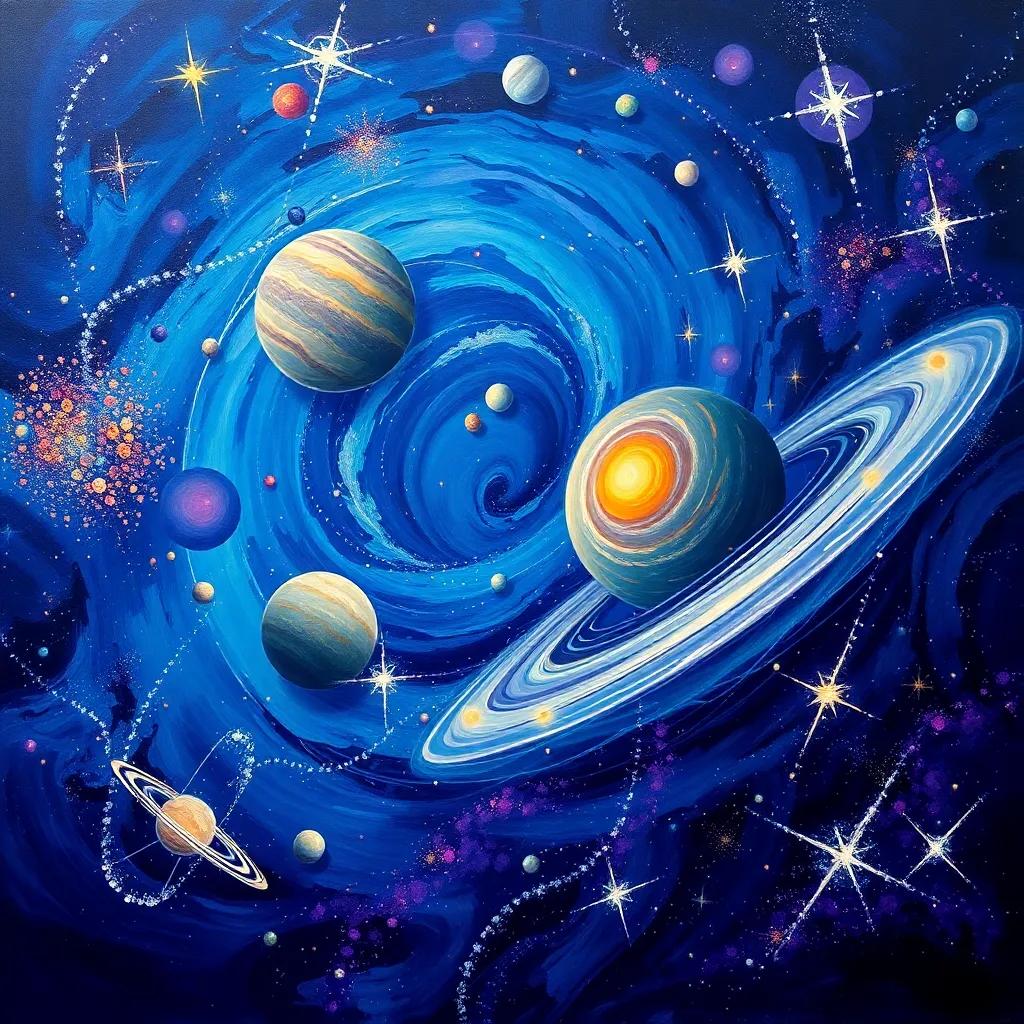 A cosmic view of planets and stars with the concept of order and chaos blending beautifully, showing the universe's mysteries, deep blues and purples, stunning imagery