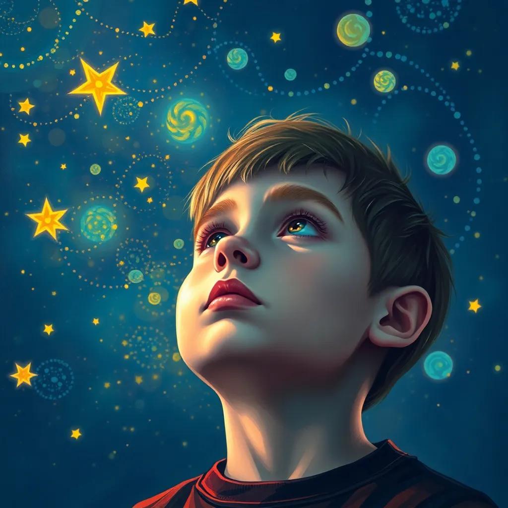 Alexios, a young boy with bright eyes, staring up at the stars, contemplating the connection of chaos and order, serene scene, illuminated by starlight, heartwarming, digital art