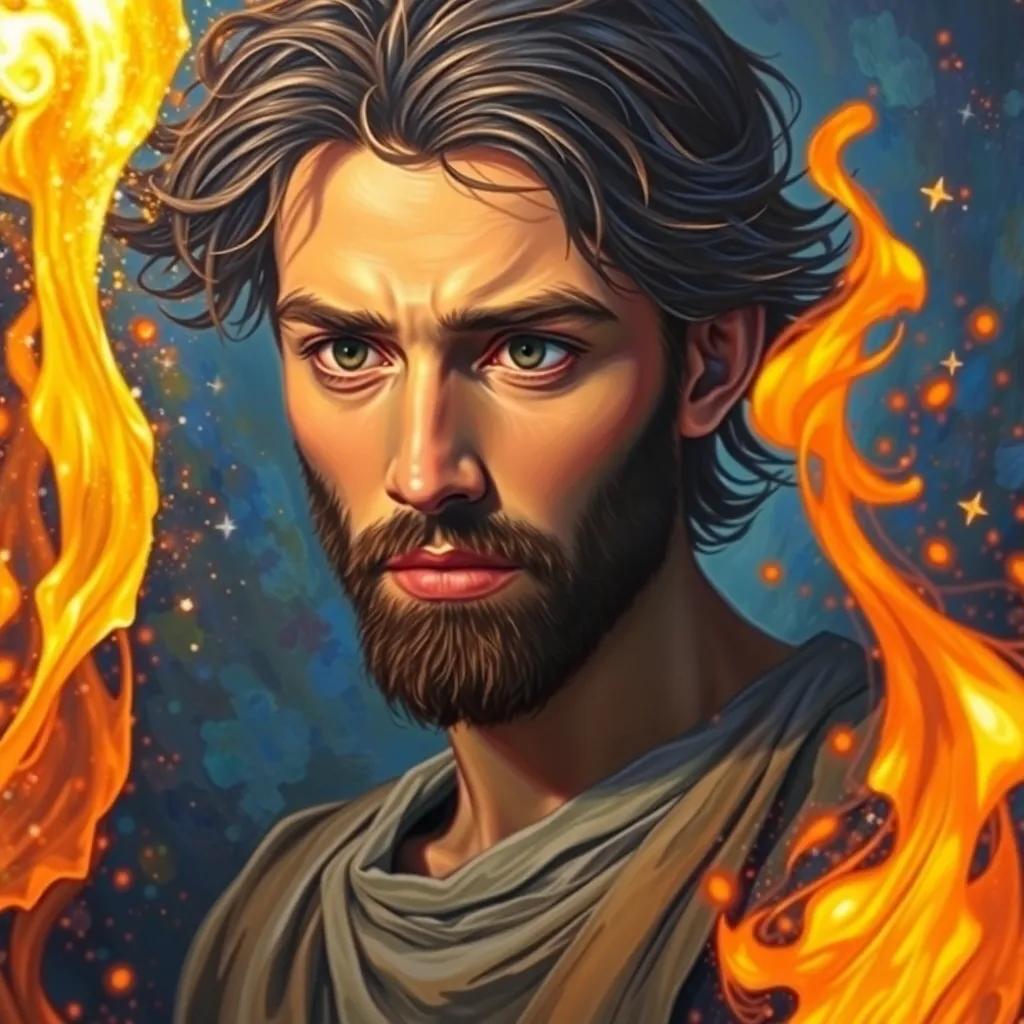 A close-up of Alexius, looking deeply into the flames, with his dark hair blowing lightly in the wind, wearing a simple tunic, an expression of curiosity and determination on his face, magical sparkles in the air, vivid detail, mesmerizing background