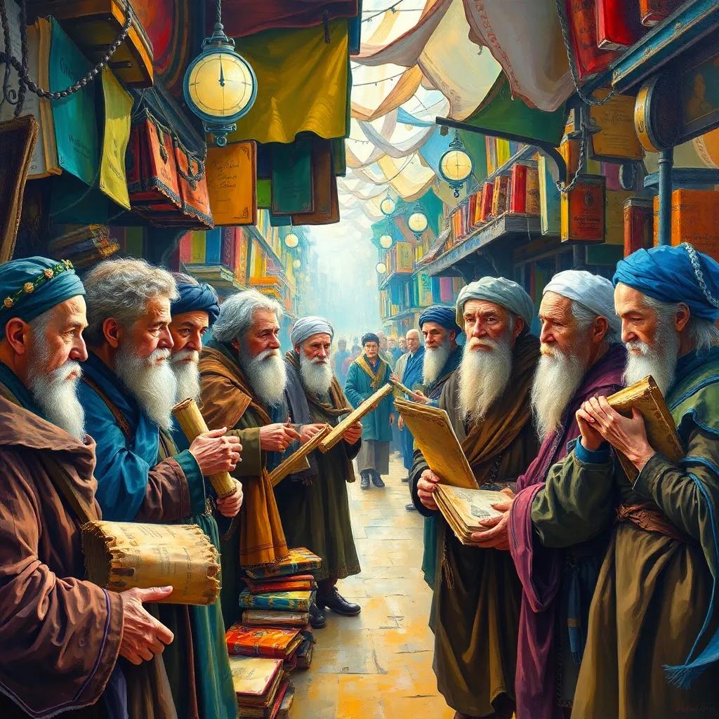 A group of old merchants in a bustling market, showing scrolls and books to Alexius, who is amazed by their knowledge, vibrant market colors, warm light, lively expressions, dynamic perspective, rich details