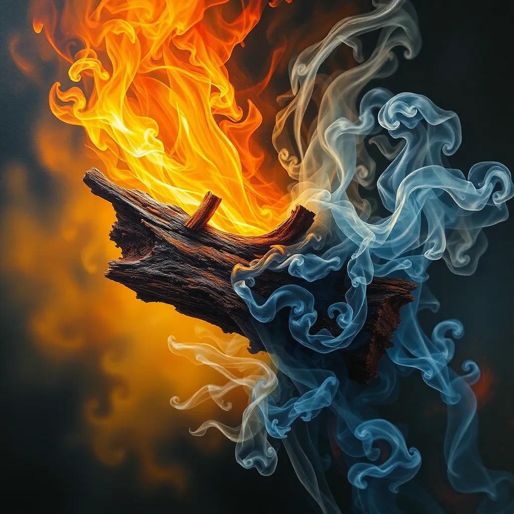 A transformation scene where wood turns into ash and smoke, visualizing the magical process of change, ethereal light, shadow play, abstract representation, artistic touch, stunning clarity