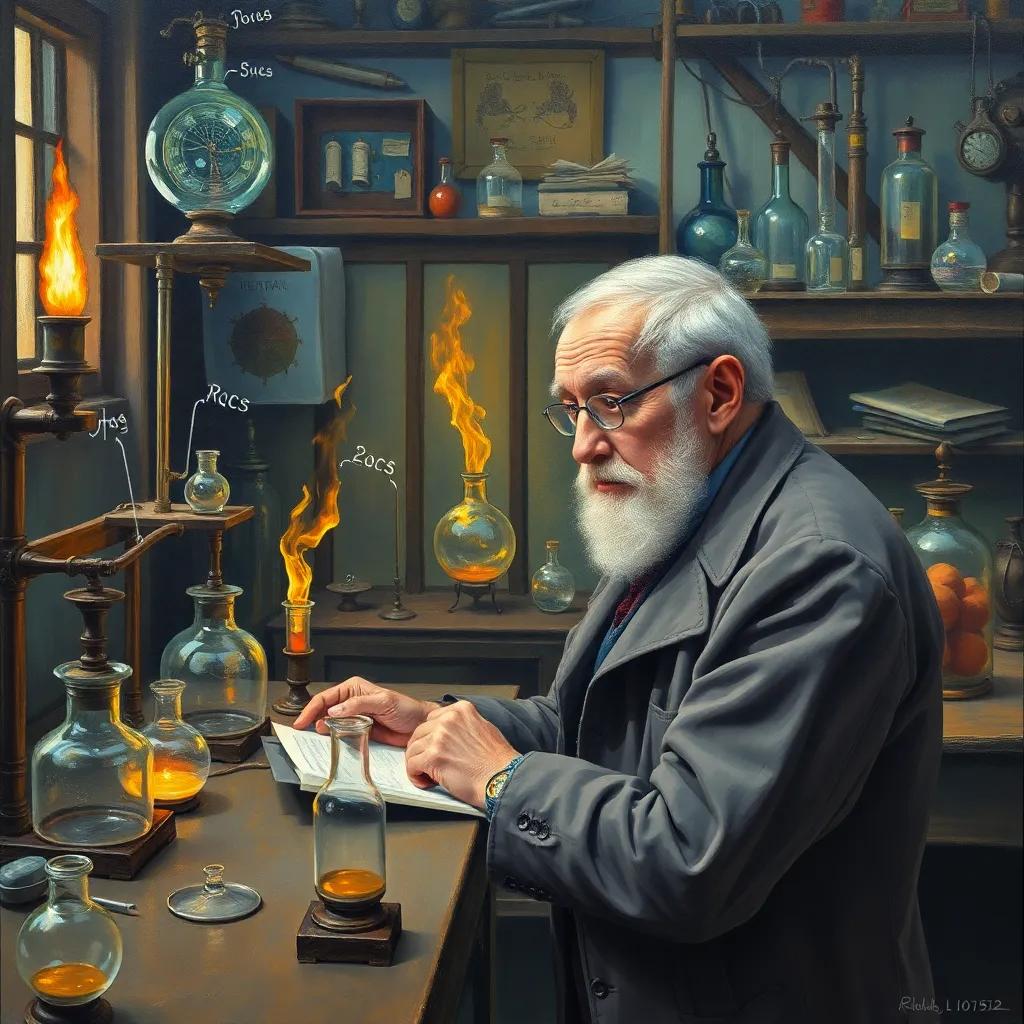 A laboratory filled with ancient scientific equipment, an older scientist named Rudolf Clausius pondering over energy equations, surrounded by glass vials and gas flames, intellectual atmosphere, muted colors, analytical focus, high detail