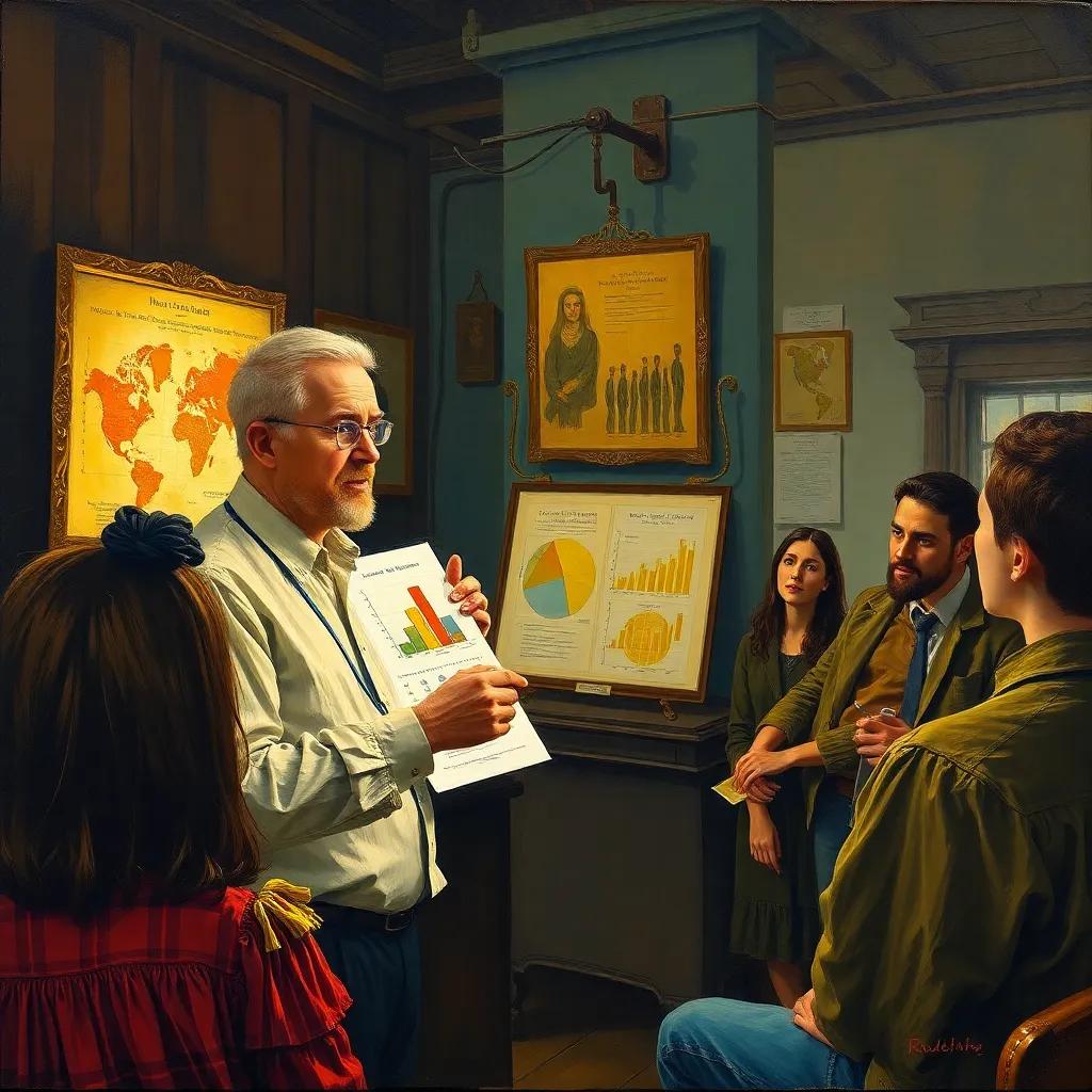A depiction of Rudolf explaining his findings on energy loss to a curious audience, using charts and graphs, engaged expressions, semi-dark room with glowing charts, professional and educational vibe, rich textures