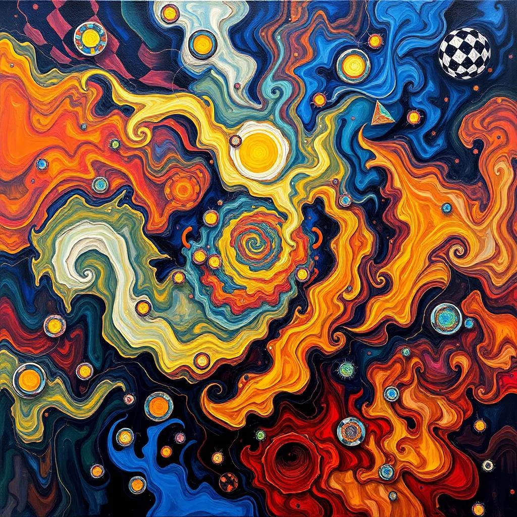 A visual representation of entropy, showing scattered energy and chaotic elements, swirling forms of light and shadow, complex patterns, imaginative and thought-provoking design, vibrant colors