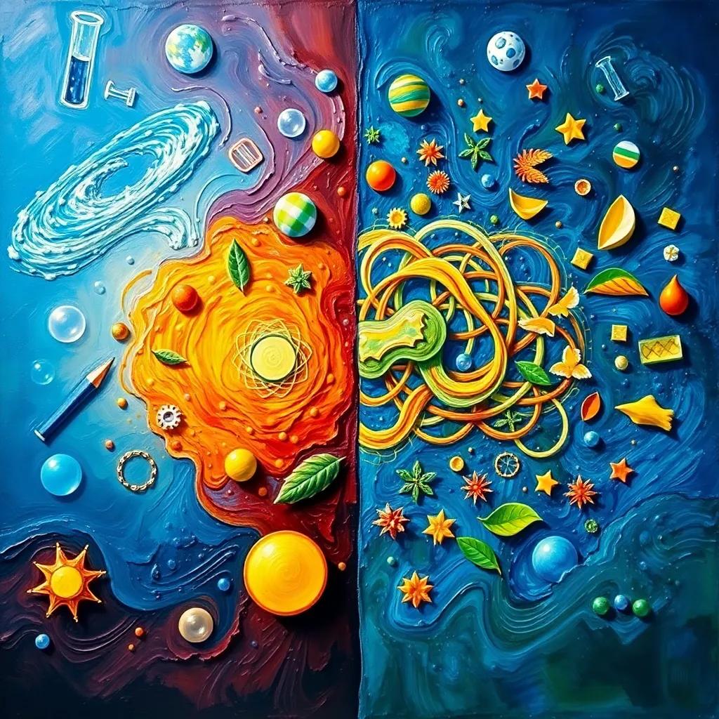 A contrast between an ordered system and a chaotic one, demonstrating the difference in a split-screen format, symbols of science and nature on each side, engaging and educational layout, imaginative detail, balanced colors