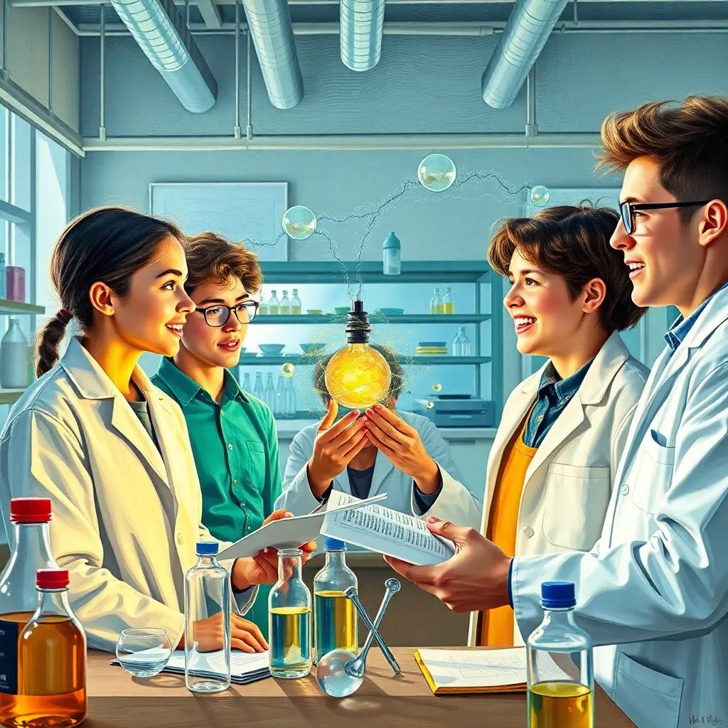 A scene of young scientists inspired by the works of Alexius and Rudolf, discussing theories excitedly in a modern lab, bright and hopeful atmosphere, youthful expressions, collaborative energy, high definition