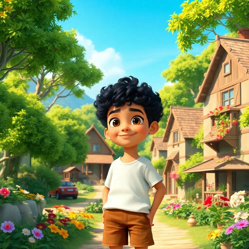 A small village surrounded by beautiful nature, with lush green trees and colorful flowers, a young boy, Sami, with curly black hair, wearing a simple white shirt and brown shorts, smiling with curiosity under a clear blue sky, digital art, vibrant colors, warm and inviting atmosphere, high quality