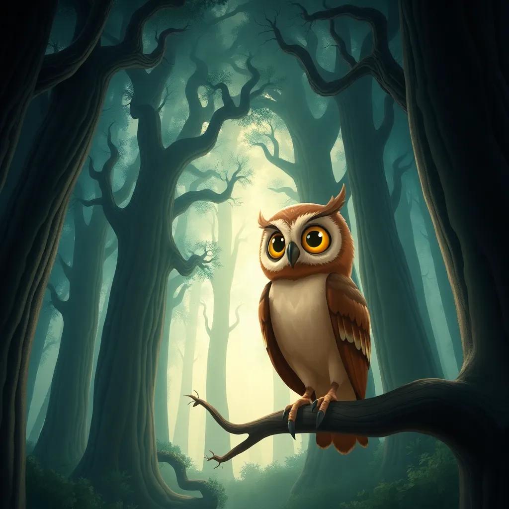A mystical dark forest with tall ancient trees, where light barely reaches, a wise owl named Layla, with big yellow eyes and soft brown feathers, perched on a branch, looking down at Sami with a warm expression, illustration, magical, enchanting scene, child-friendly, high detail