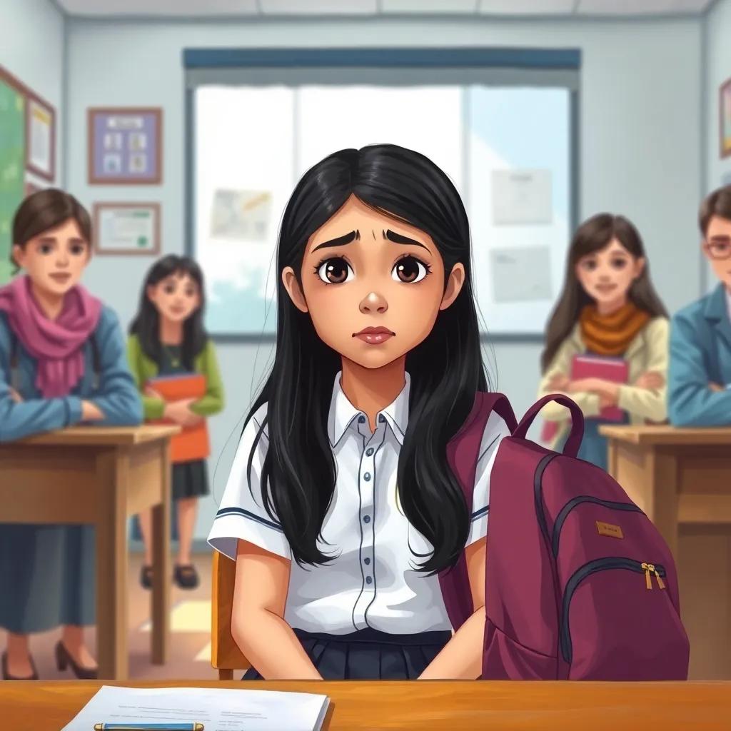 SARA, a young Arab girl with long black hair wearing a school uniform, sitting in the principal's office with a worried expression, opening her backpack, surrounded by supportive school staff, calm setting, nurturing light, illustration, soft colors, uplifting scene, high quality
