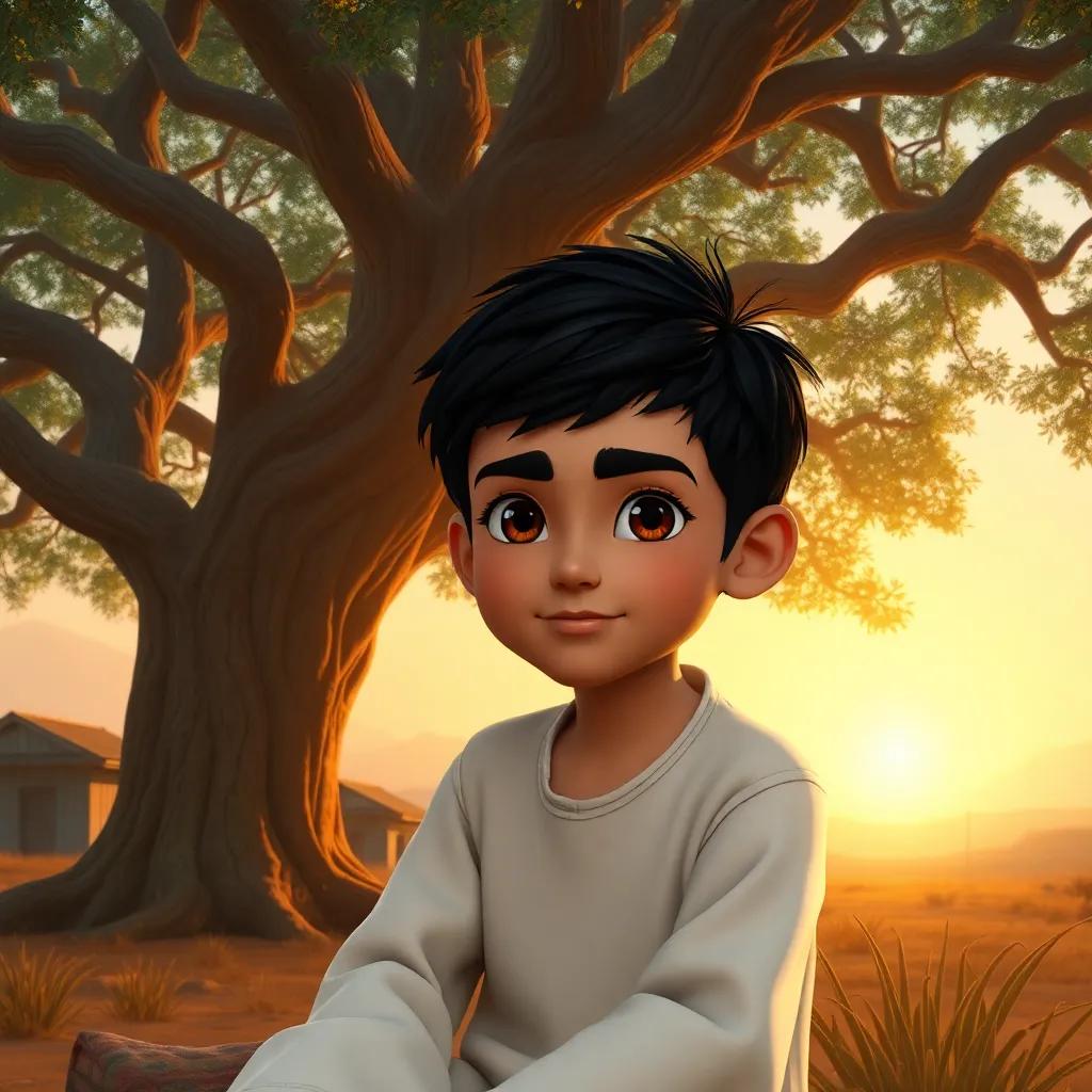 A young Arab boy, Noor, with short black hair and bright eyes, sitting under a large, ancient tree in a peaceful village with a golden sunset, digital art, warm colors, inviting atmosphere, high quality