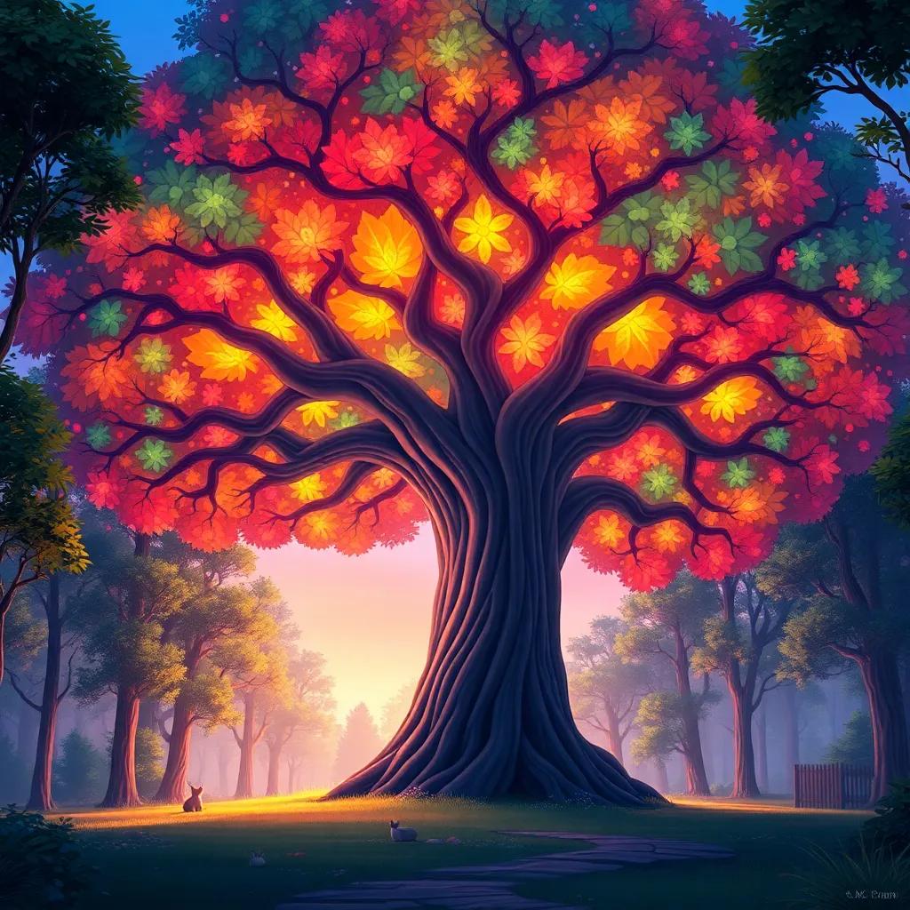 A gigantic, magical tree with colorful leaves glowing in the evening light, standing tall in a tranquil forest, with small animals around it, illustration, vibrant colors, enchanting imagery, child-friendly