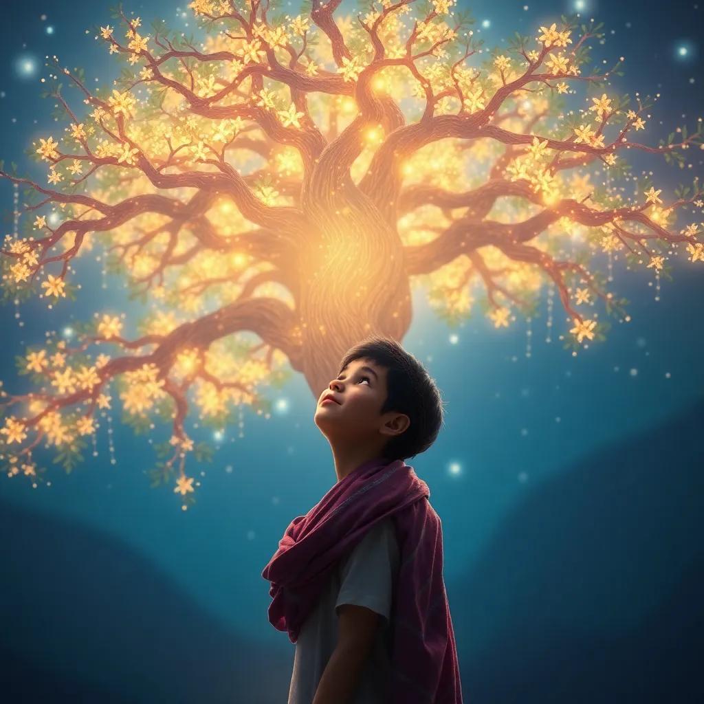 Noor, a young Arab boy, looking up with awe at the magical tree, surrounded by shimmering lights and soft whispers in the air, digital art, dreamy atmosphere, mystical, highly detailed