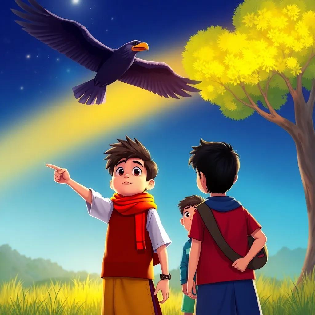 Noor standing with his friends, pointing at a dark, menacing bird in the sky, looking worried yet determined, under the brightly illuminated tree, illustration, intense colors, action-packed scene, child-friendly